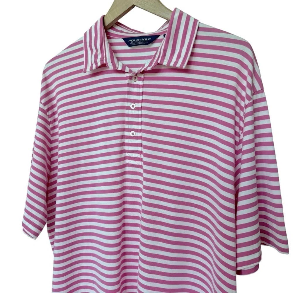 Ralph Lauren Polo Golf Men's XL Pink White Stripe Polo Shirt Short Sleeve Casual